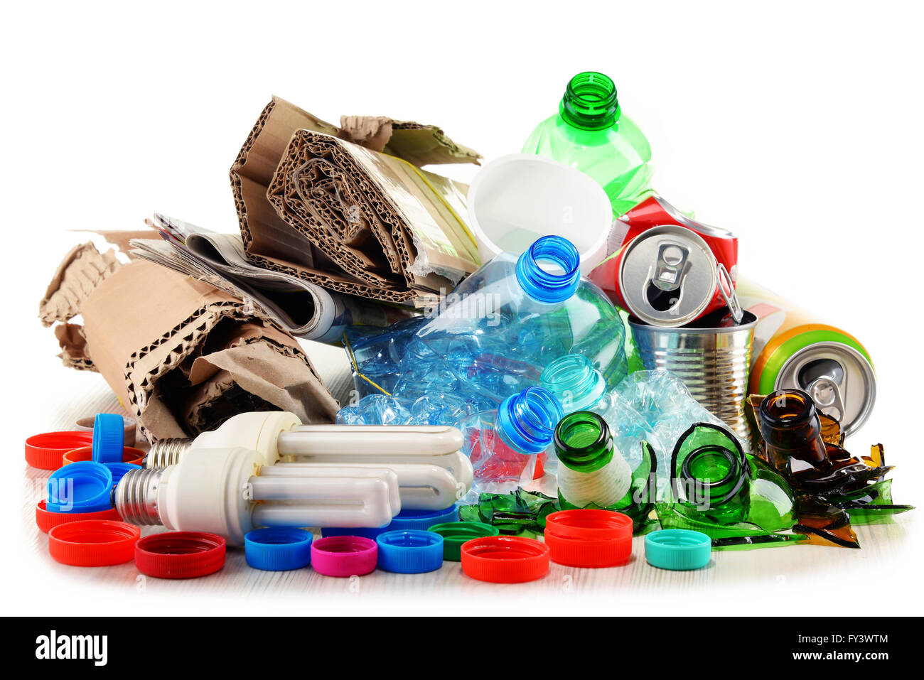 Recyclable garbage consisting of glass, plastic, metal and paper isolated on white Stock Photo ...