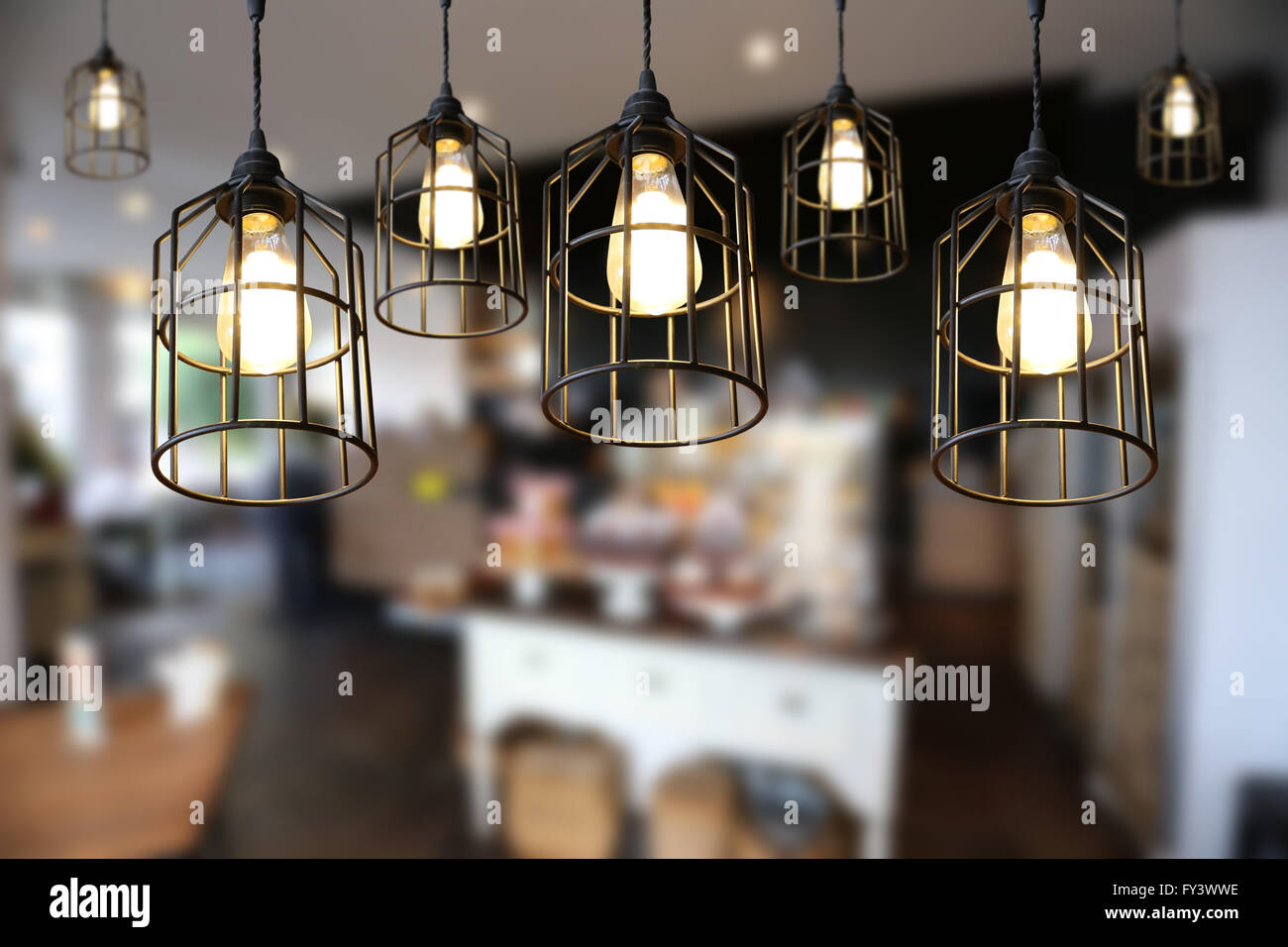 Warm lighting modern ceiling lamps in the cafe and interior decoration ...
