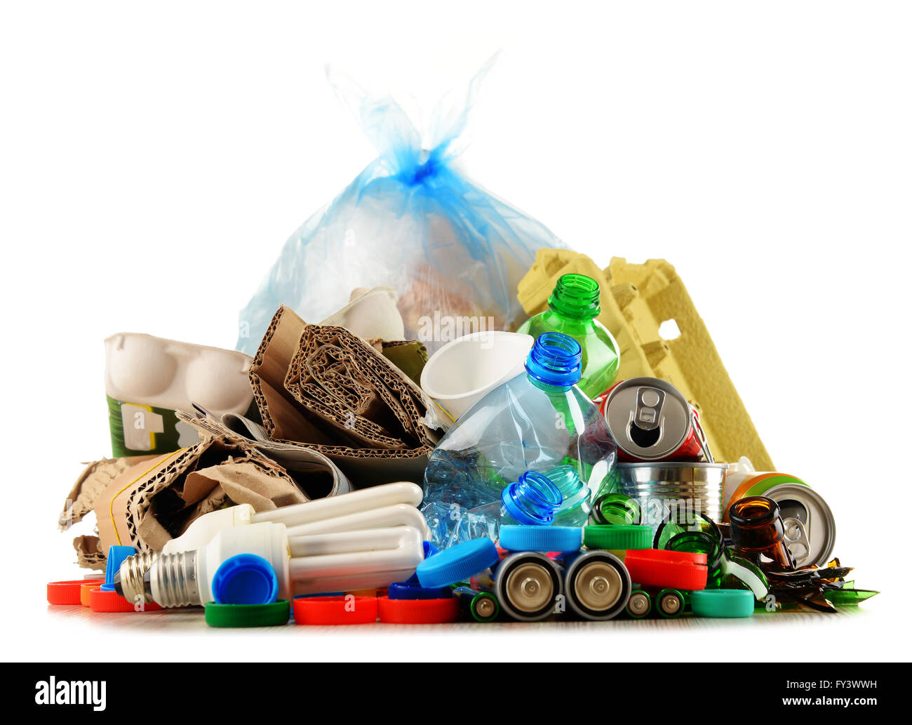 Recyclable garbage consisting of glass, plastic, metal and paper isolated on white Stock Photo ...