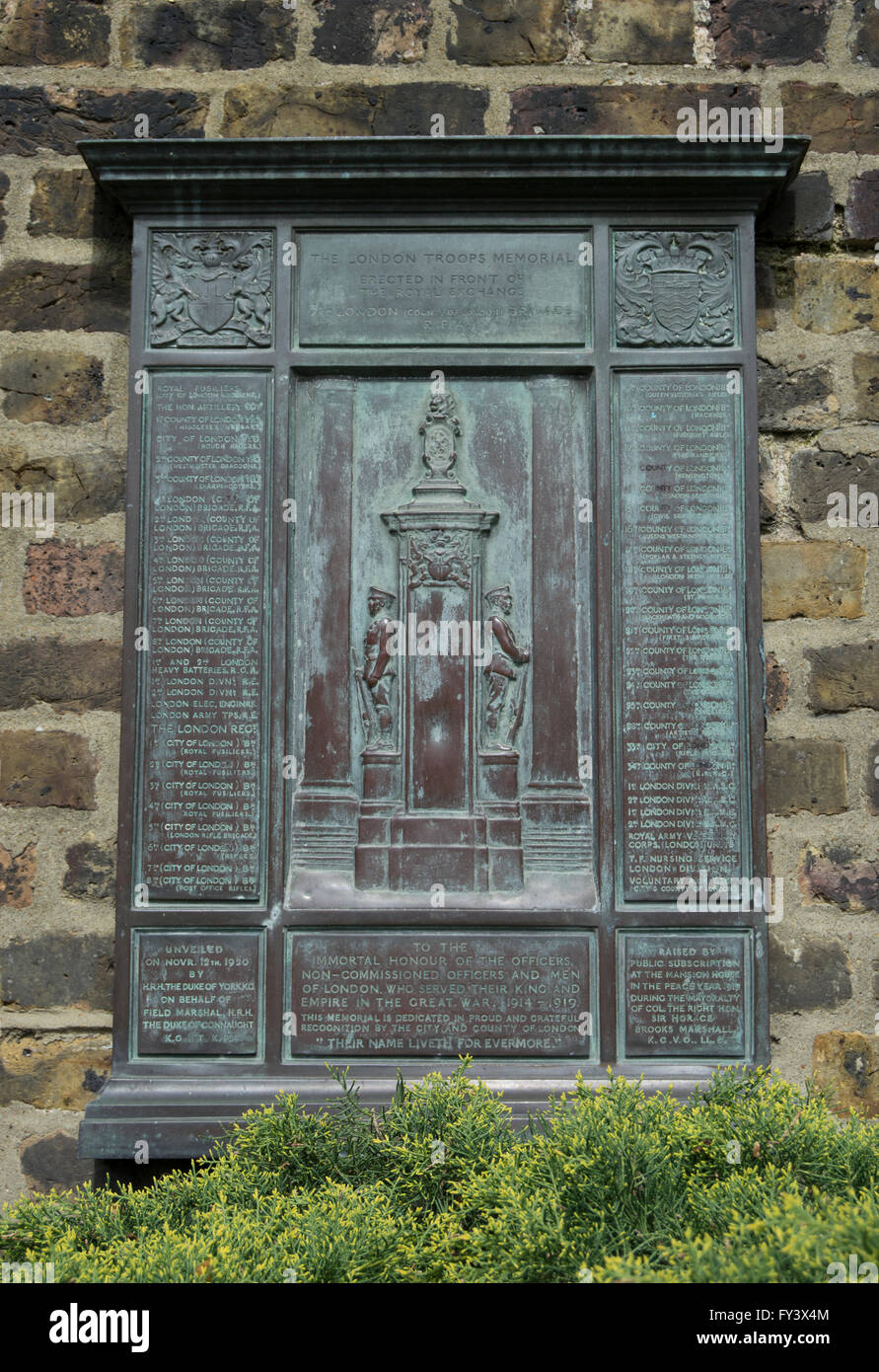 wall mounted bronze plaque that forms the london troops war memorial in vicarage garden, fulham, london, england Stock Photo