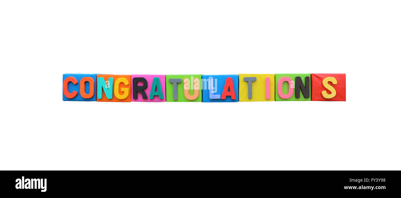 The colorful font of congratulation on paper box isolated on white background and have clipping paths. Stock Photo
