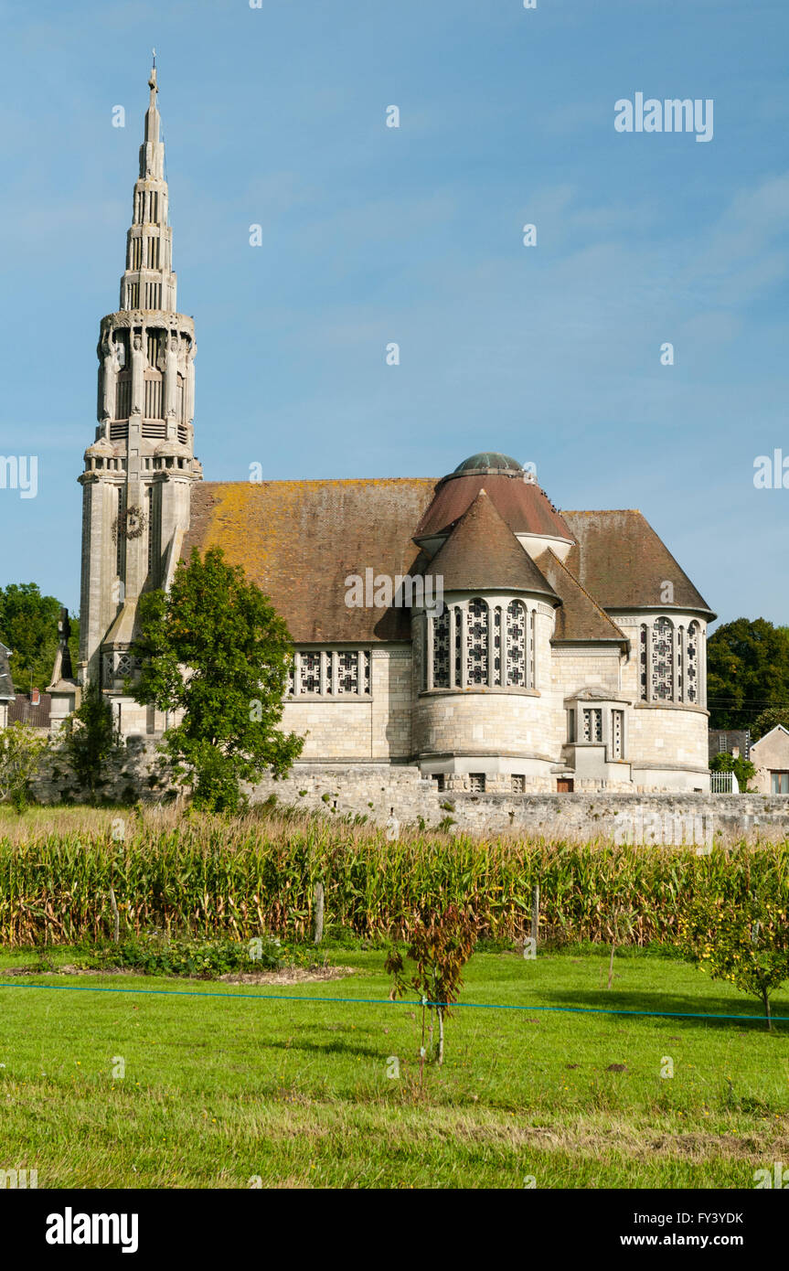 The church of St Martin at Martigny-Courpierre France. Built in 1932 in art deco style designed by architect Albert-Paul Müller. Stock Photo