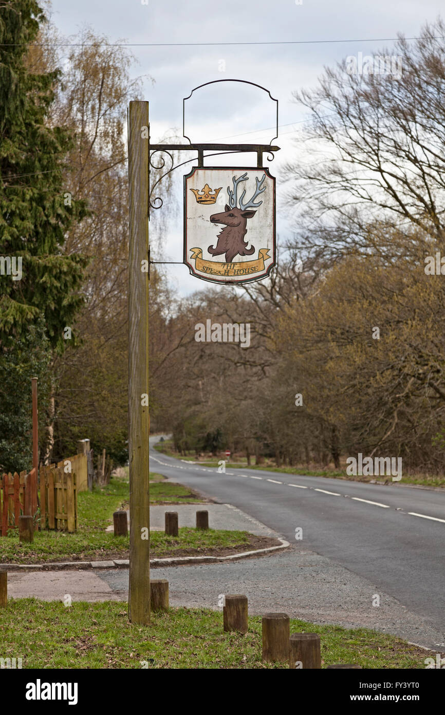 Old traditional roadside sign for the Speech House in the Forest of Dean Stock Photo
