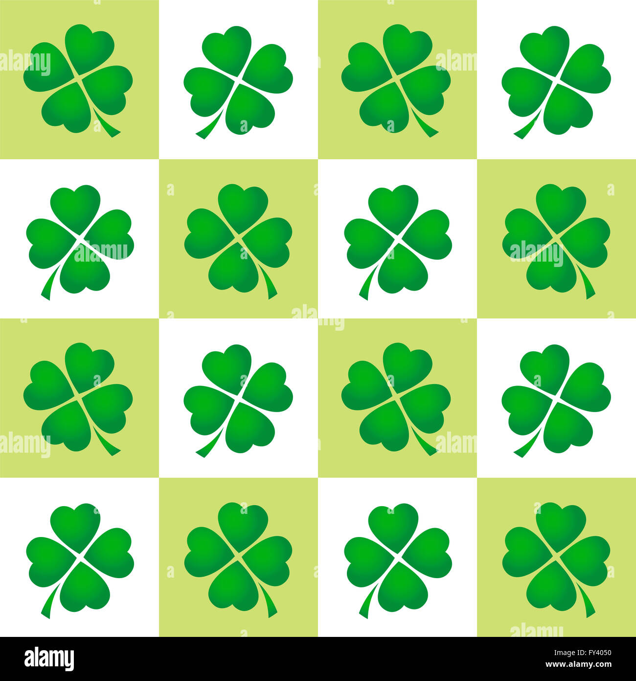 Shamrock tiles pattern - four leaved clovers on green and white square background. Stock Photo