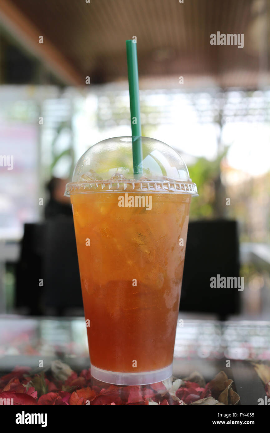 Cold lemon tea for reduces thirst water in the cafe. Stock Photo