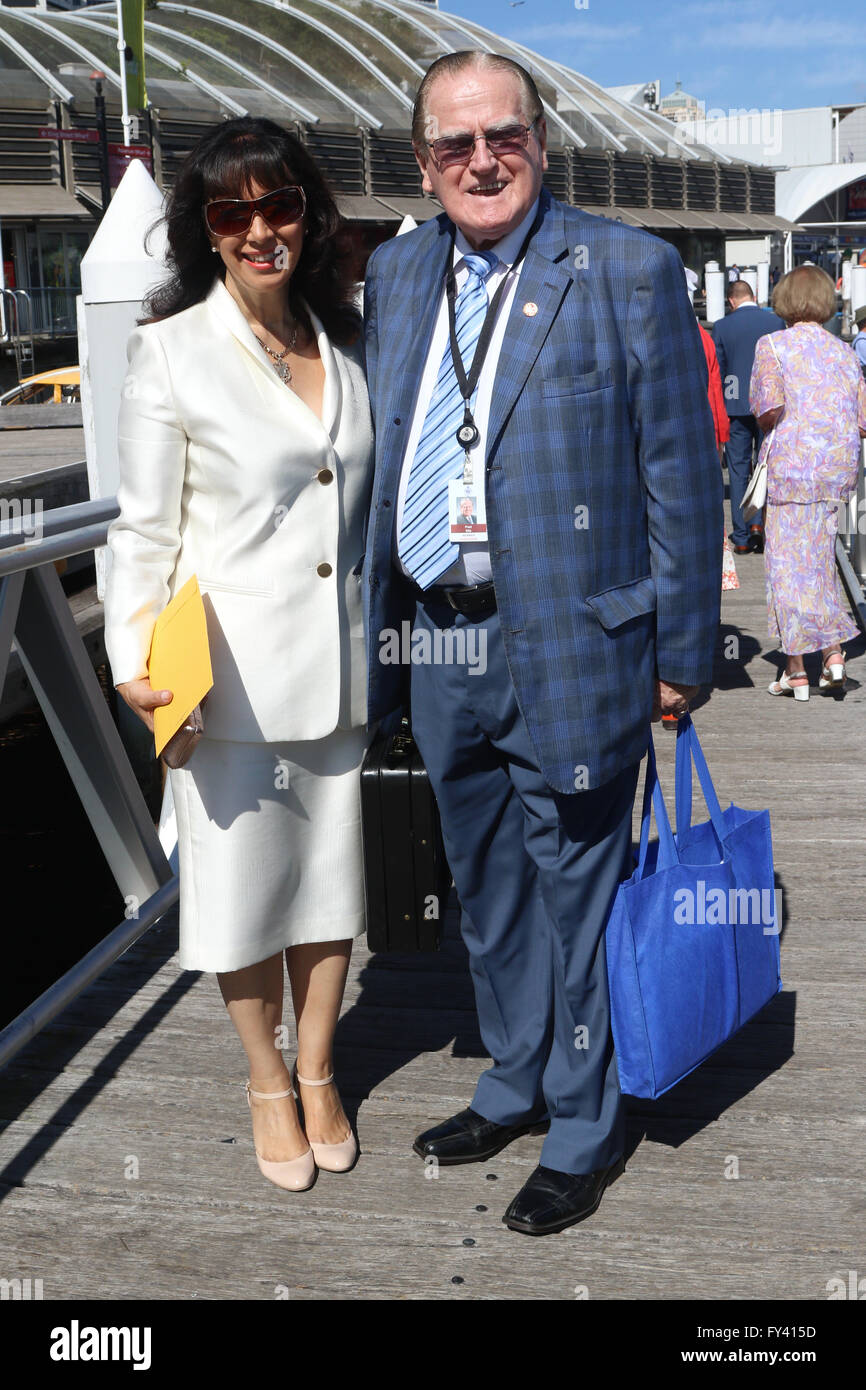 Sydney, Australia. 21 April 2016. The Australian Monarchist League organised a celebratory luncheon cruise in honour of Queen Elizabeth II’s 90th birthday, which takes place on the same day. The cruise departed Kings Street Wharf, Darling Harbour onboard Vagabond. Pictured: Christian Democratic Party politician Fred Nile and wife Silvana Nero arrive for the cruise. Credit: Richard Milnes/Alamy Live News Stock Photo