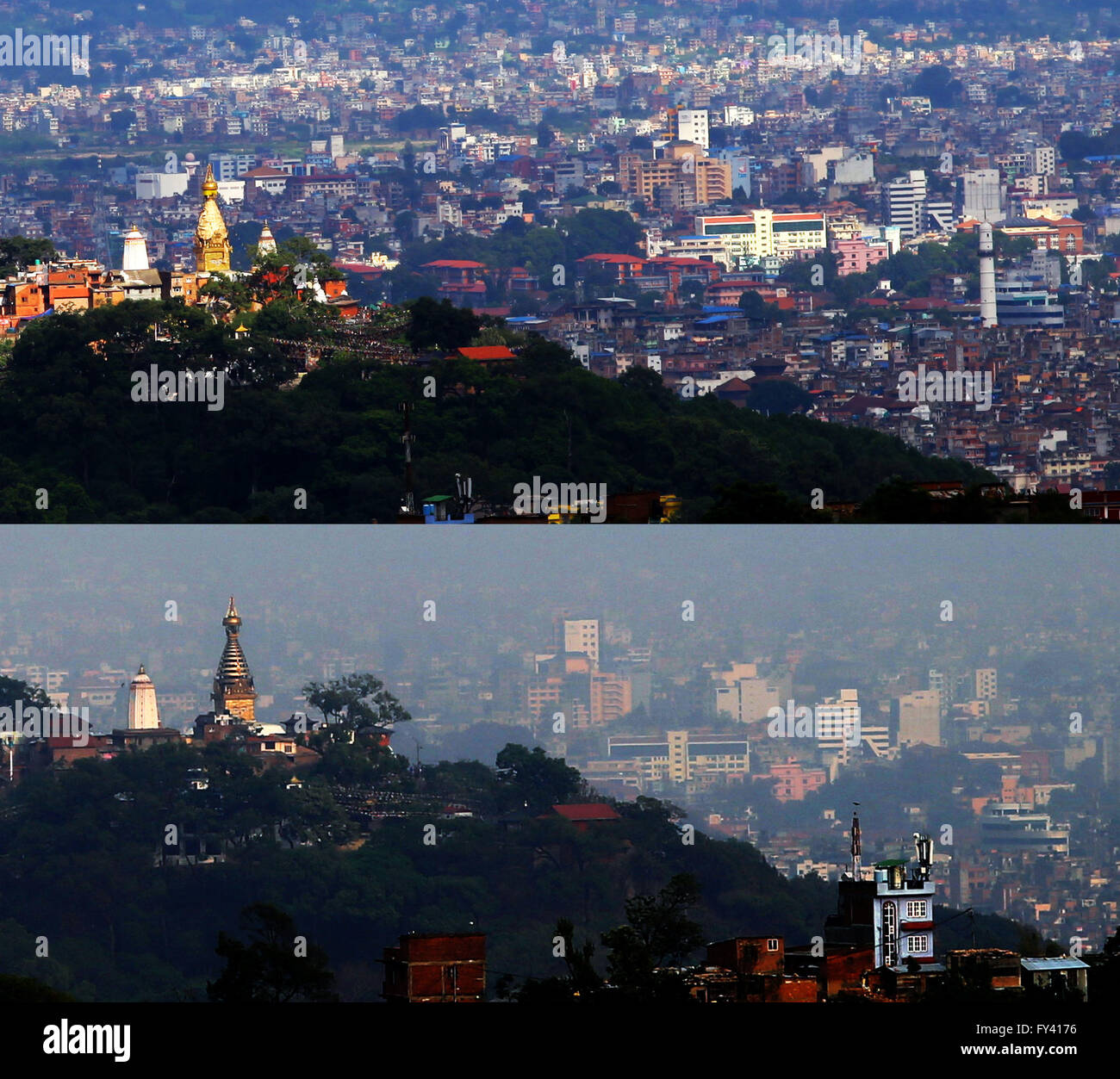 Kathmandu, Nepal. 20th Apr, 2016. Combined photo taken on July 19, 2014 (top) shows the view of Kathmandu valley with Swayambhunath Stupa (L), or monkey temple, and historical Bhimsen tower (R), Dharahara, from a hill in Kathmandu and the valley view (bottom) with Swayambhunath stupa which was badly damaged by the earthquake last year from a hill in Kathmandu, Nepal, April 20, 2016. Reconstruction process is undergoing in Swayambhunath stupa as it was badly damaged in the earthquake last year. © Sunil Sharma/Xinhua/Alamy Live News Stock Photo