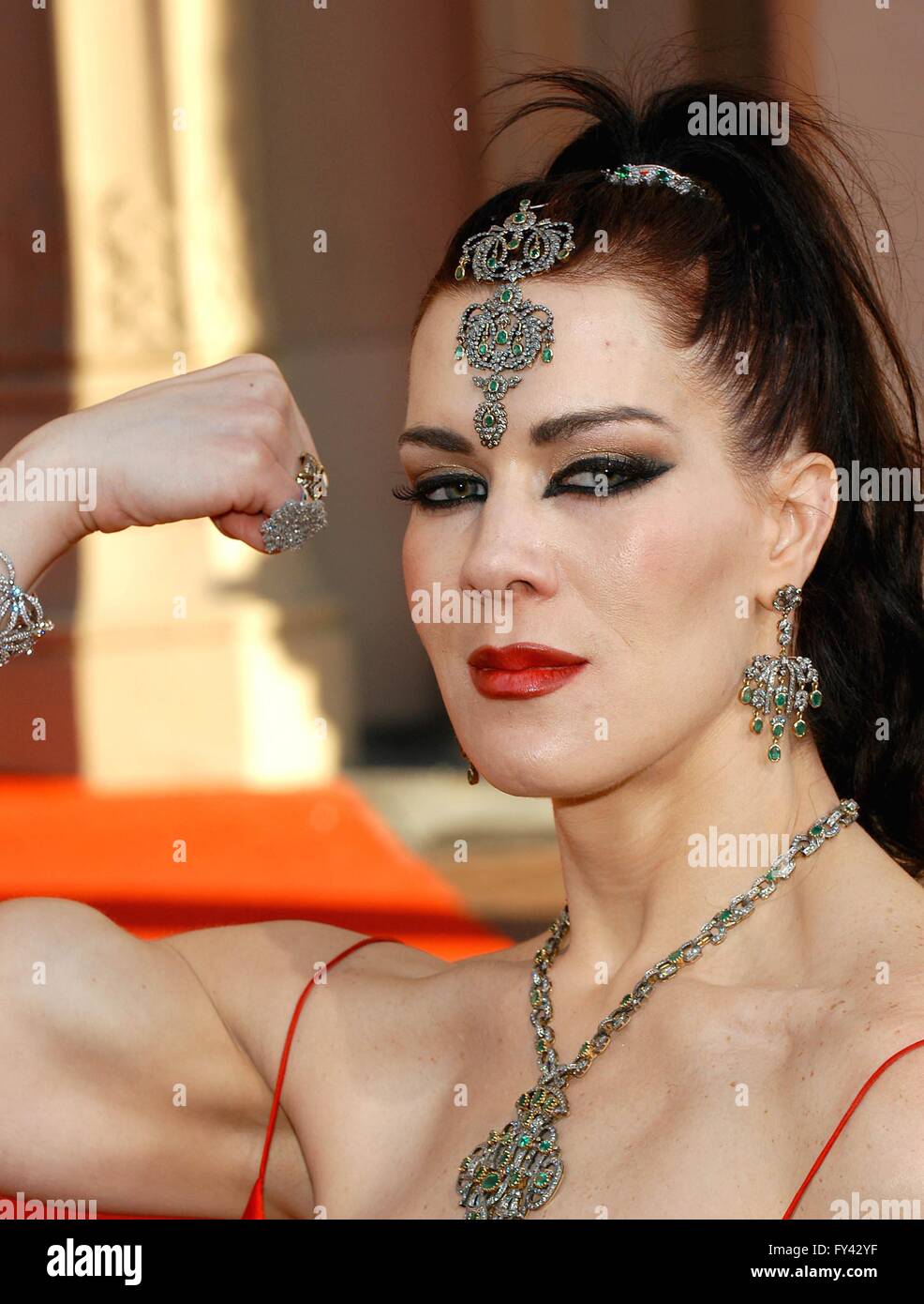 File. 20th Apr, 2016. CHYNA, wrestler and actress, was found dead Wednesday in her Redondo Beach home, no cause of death had been determined. She was 46. Born Joan Marie Laurer, aka WWF's '9th Wonder of the World.' After leaving the WWE in 2001, Laurer posed for Playboy and appeared in adult films and on reality TV. Pictured: Nov. 16, 2003 - Los Angeles, CA, USA - 31st Annual American Music Awards - Arrivals.Shrine Auditorium Joanie Laurer © Globe Photos/ZUMAPRESS.com/Alamy Live News Stock Photo