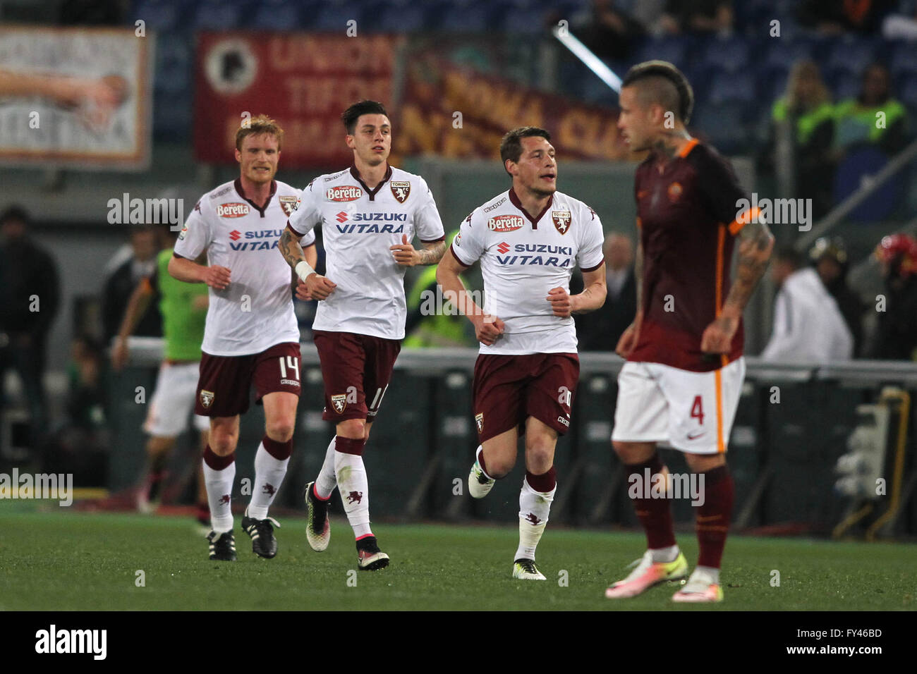 Rome, Italy. 20th April, 2016. :  Belotti score the gol during fotball match  serie A  League 2015/2016 between A.s. Roma  vs Torino  at the Olimpic Stadium  on April 20, 2016 in Rome. Credit:  marco iacobucci/Alamy Live News Stock Photo