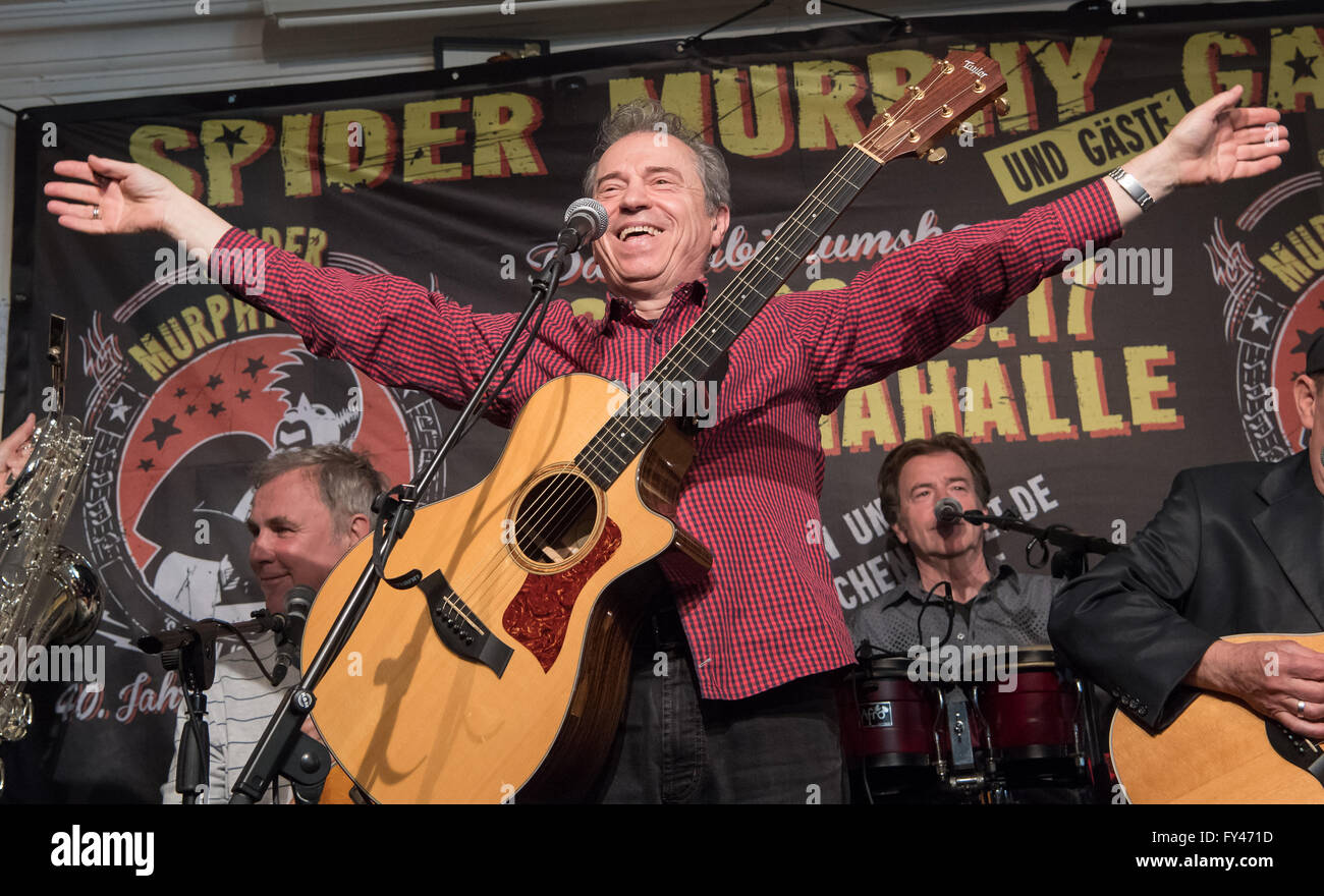 Munich, Germany. 21st Apr, 2016. The founder of the Spider Murphy Gang, Guenther Sigl, and other band members play ahead of a press conference on the 40th anniversary of the 1980s cult band 'Spider Murphy Gang' in Munich, Germany, 21 April 2016. Photo: PETER KNEFFEL/dpa/Alamy Live News Stock Photo