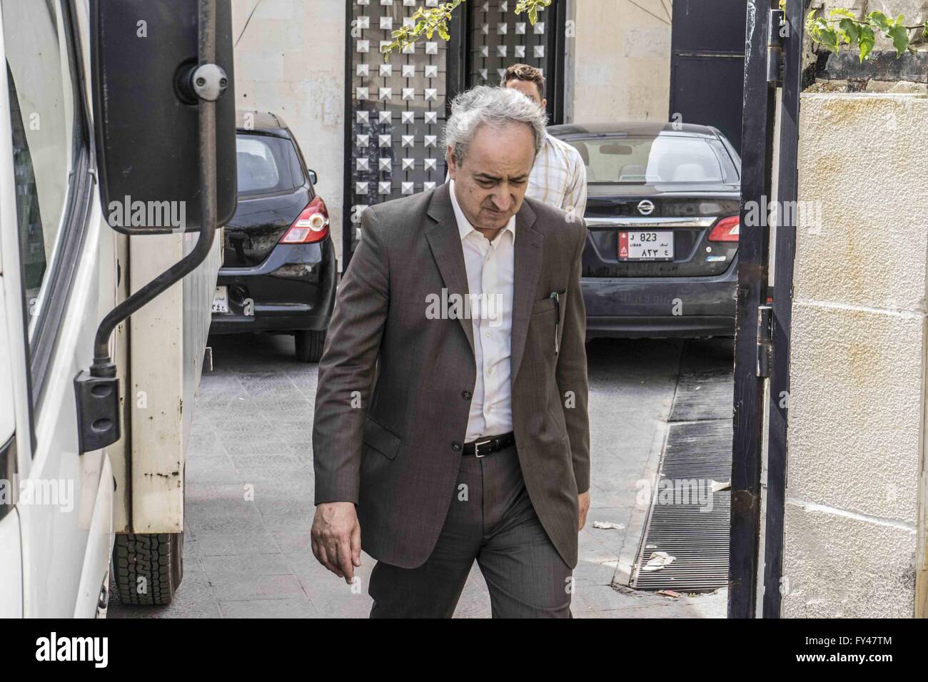 Beirut, Lebanon. 21st Apr, 2016. April 21, 2016 - Baabda Court House, Beirut, Lebanon: Ali Zeid al-Amin and his lawyer Hussein Berjawi walking out of Baabda Palace of Justice/courthouse where they are continuing to press charges against four suspects. The four include British-Australian Adam Whittington, who heads the Britain-based agency Child Abduction Recovery International, and is alleged to have masterminded the botched attempt to snatch the two children in Beirut along with another Briton, Greg Michael. Credit:  ZUMA Press, Inc./Alamy Live News Stock Photo