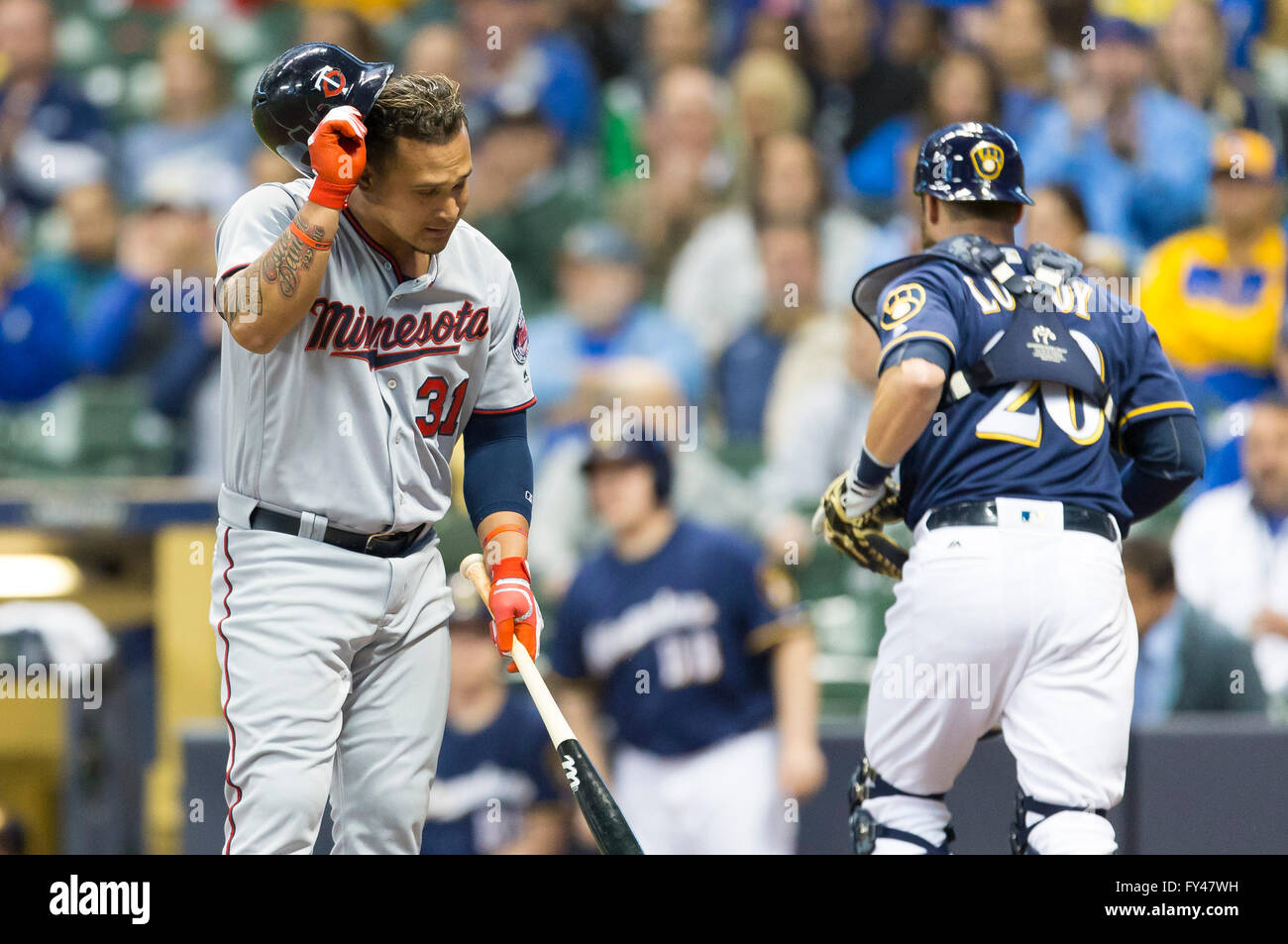 Milwaukee, WI, USA. 20th Apr, 2016. Minnesota Twins right fielder Oswaldo Arcia #31 strikes out during the Major League Baseball game between the Milwaukee Brewers and the Minnesota Twins at Miller Park in Milwaukee, WI. John Fisher/CSM/Alamy Live News Stock Photo