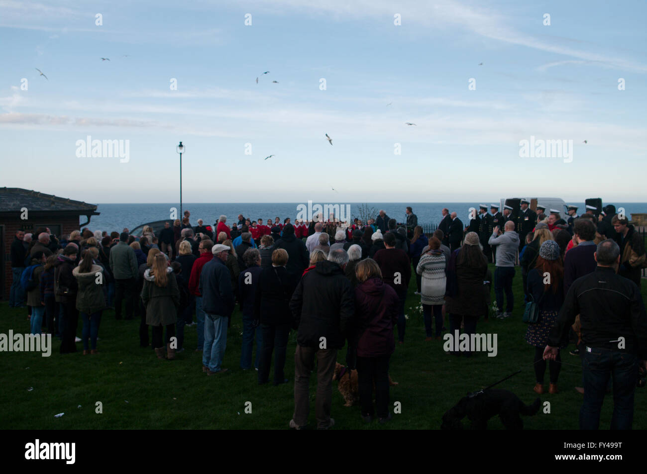 Tynemouth, UK, 21 April 2016. Pupils of Monkhouse Primary school entertain the crowd before the