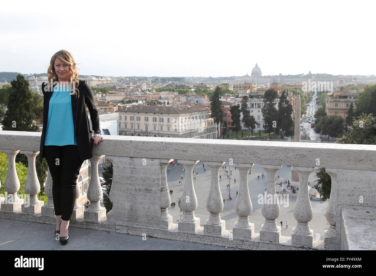 Candidate Mayor of Rome Giorgia Meloni and in the background the view of Rome 21st April 2016. Terrace of the Pincio Gardens. Stock Photo