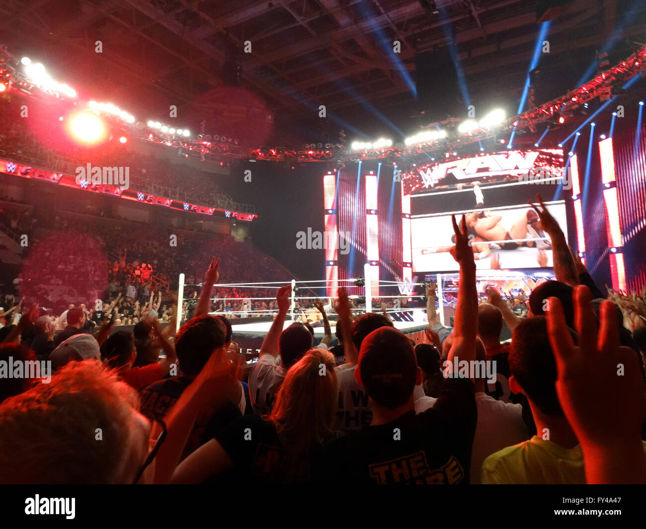 SAN JOSE - MARCH 30: Daniel Bryan pins Dolph Ziggler in middle of ring as crowd counts pin holding up two fingers during intercontinental title match during live taping of WWE Monday Night Raw at the SAP Center in San Jose, California on March 30, 2015. Stock Photo