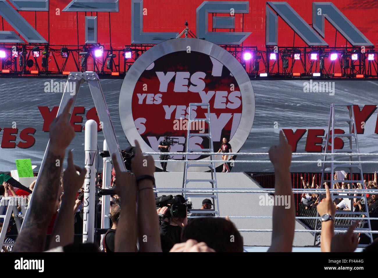 SANTA CLARA - MARCH 29: Wrestling Daniel Bryan enters arena as crowd yes chants for Intercontinental championship ladder match at Wrestlemania 31 at the Levi's Stadium in Santa Clara, California on March 29, 2015. Stock Photo