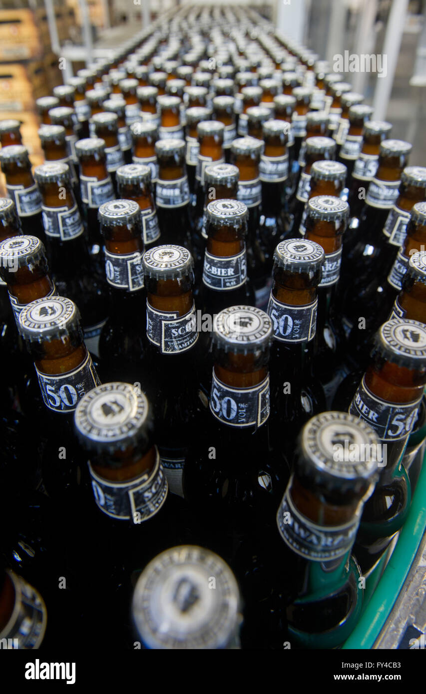 Bottles of 'Stoertebeker Schwarzbier' can be in the filling station at