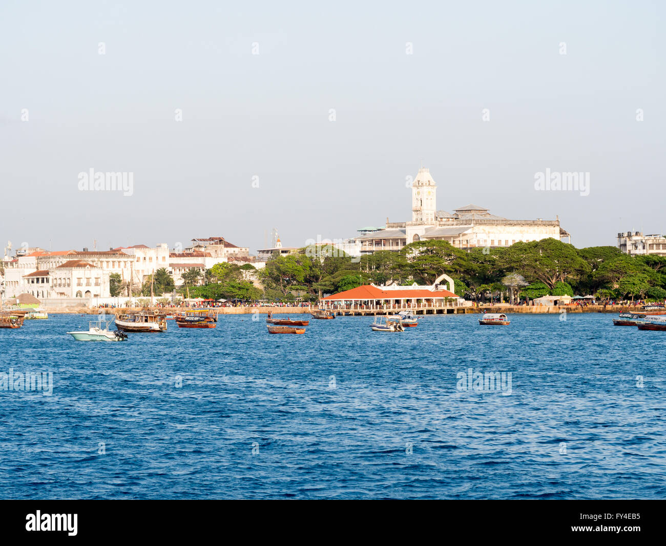 Stone Town on Zanzibar seen from the ferry from Dar es Salaam. Stock Photo