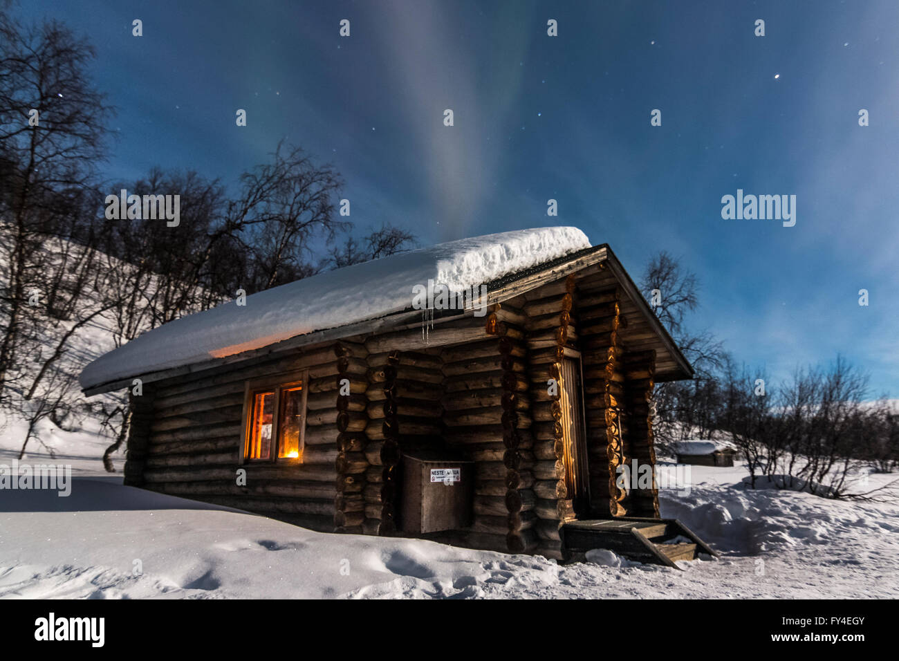 Ruktajärvi open wilderness hut in the moonlight. Stock Photo