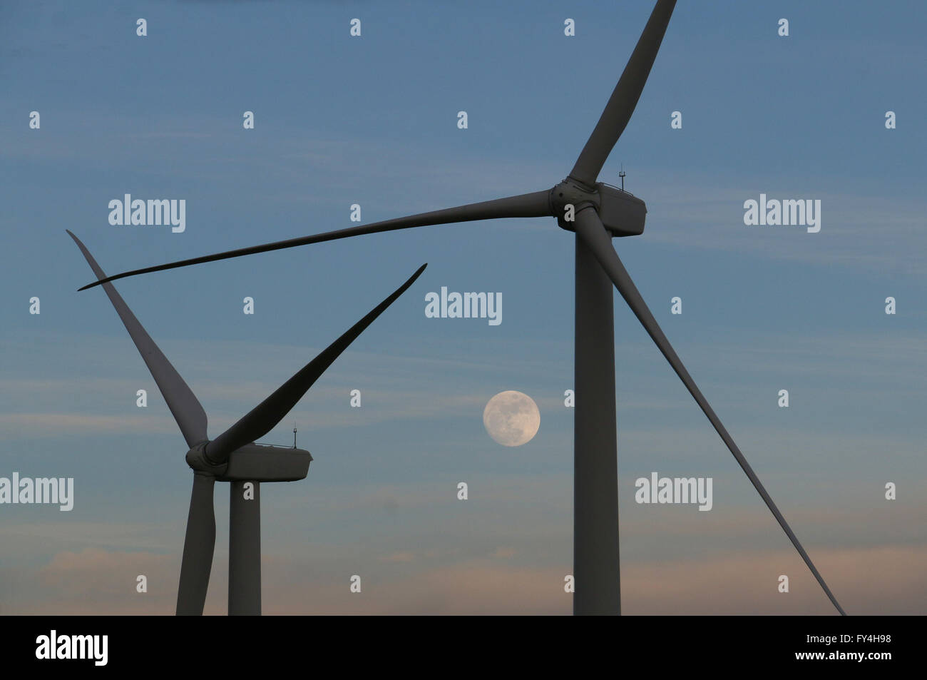 Wind mill turbines farm, California and moon Stock Photo Alamy