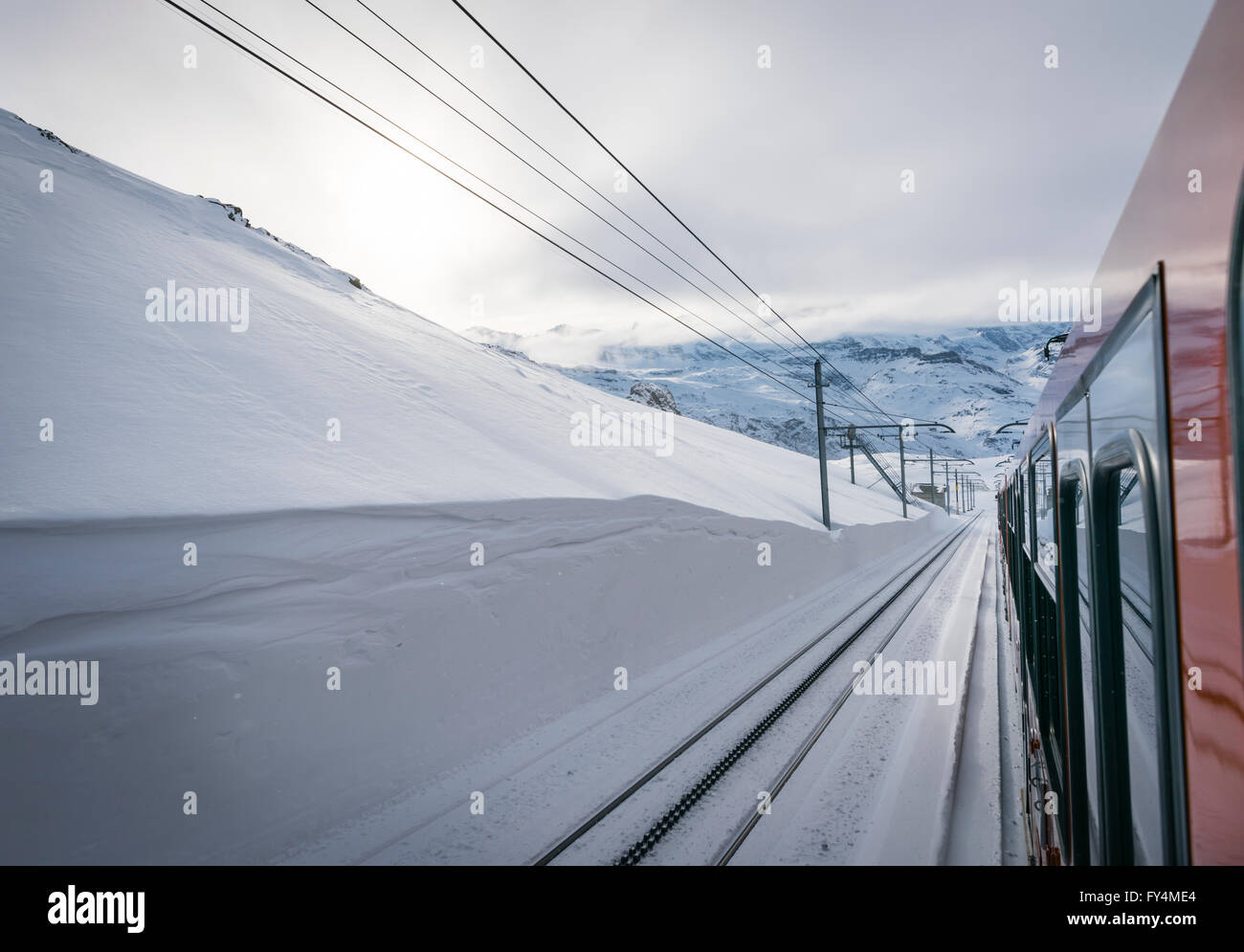 View from a train of the Gornergrat railway that leads from the Swiss village of Zermatt up to the summit of the Gornergrat. Stock Photo
