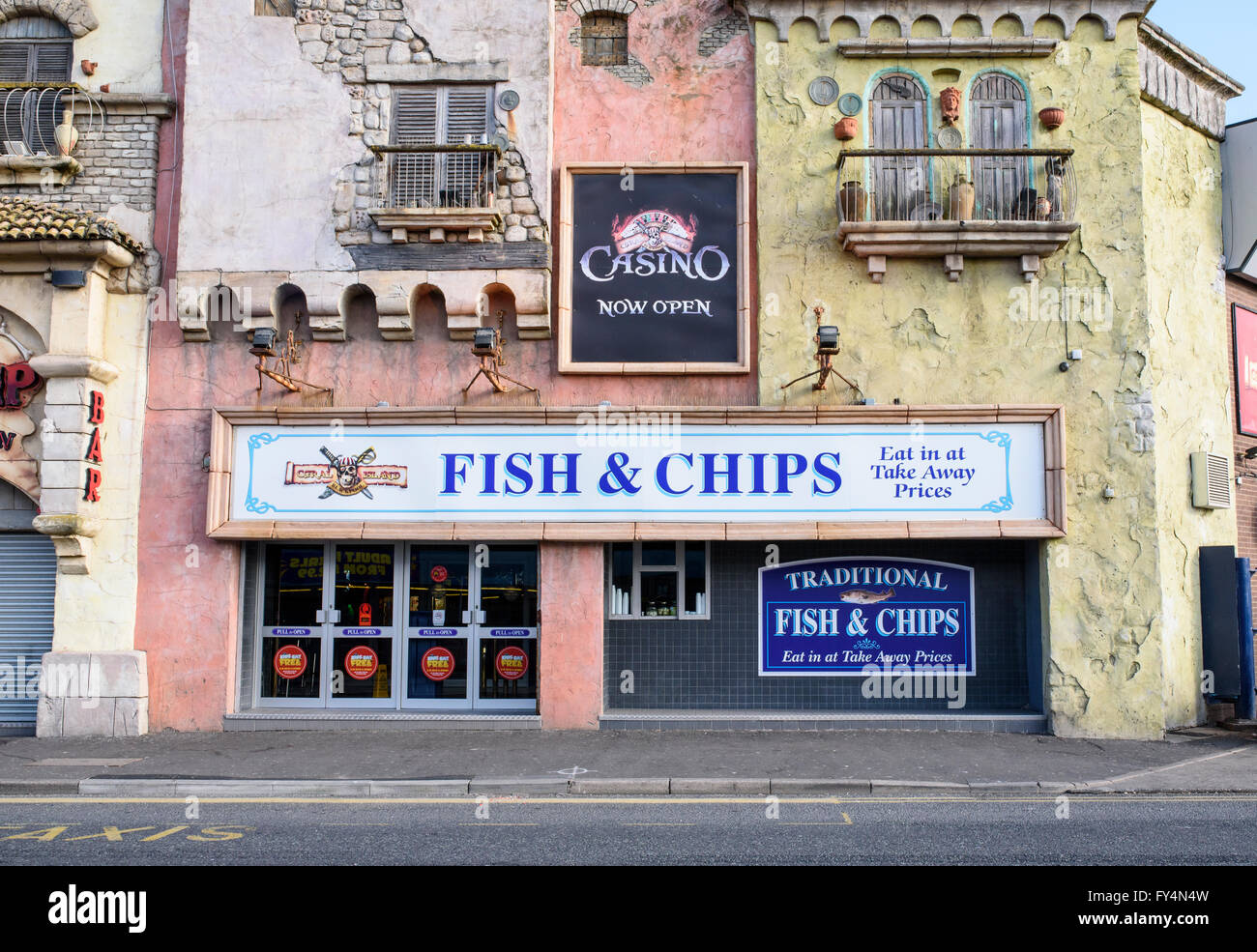Traditional fish and chips shop in Blackpool, Lancashire, UK Stock
