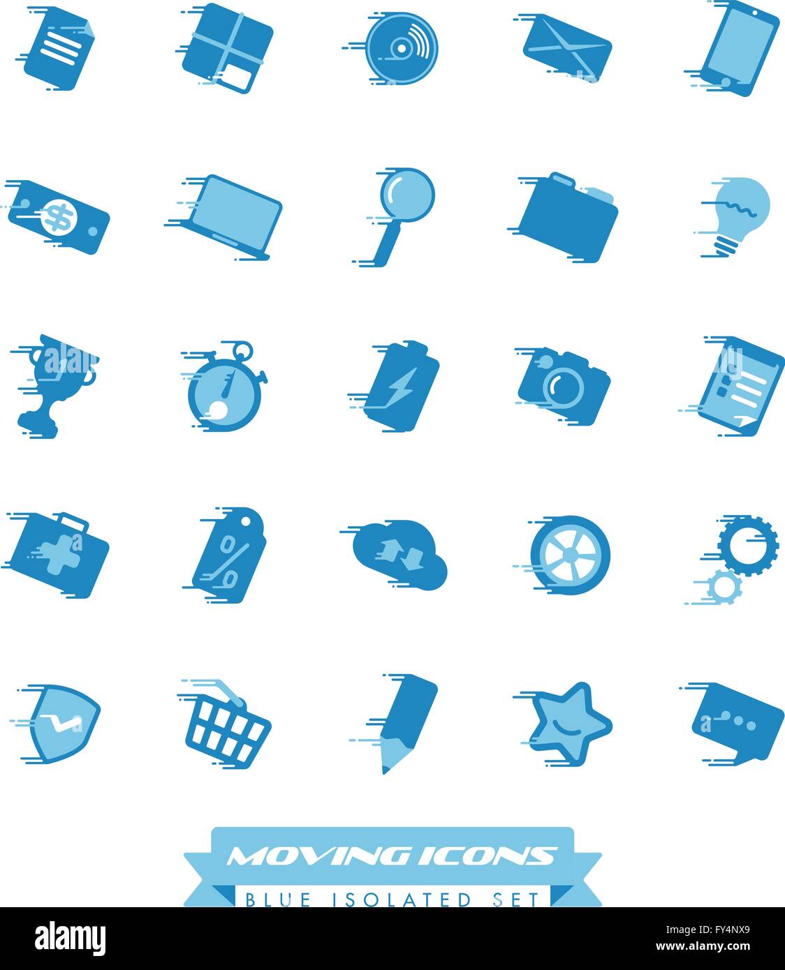 Set of fast moving blue icons with speed streaks Stock Vector