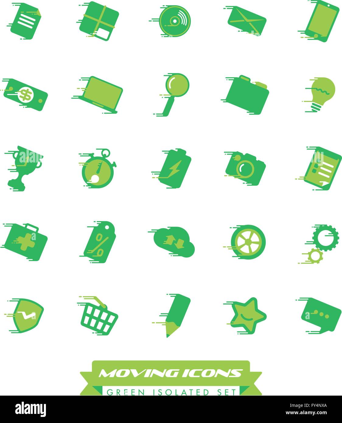 Set of fast moving green icons with speed streaks Stock Vector