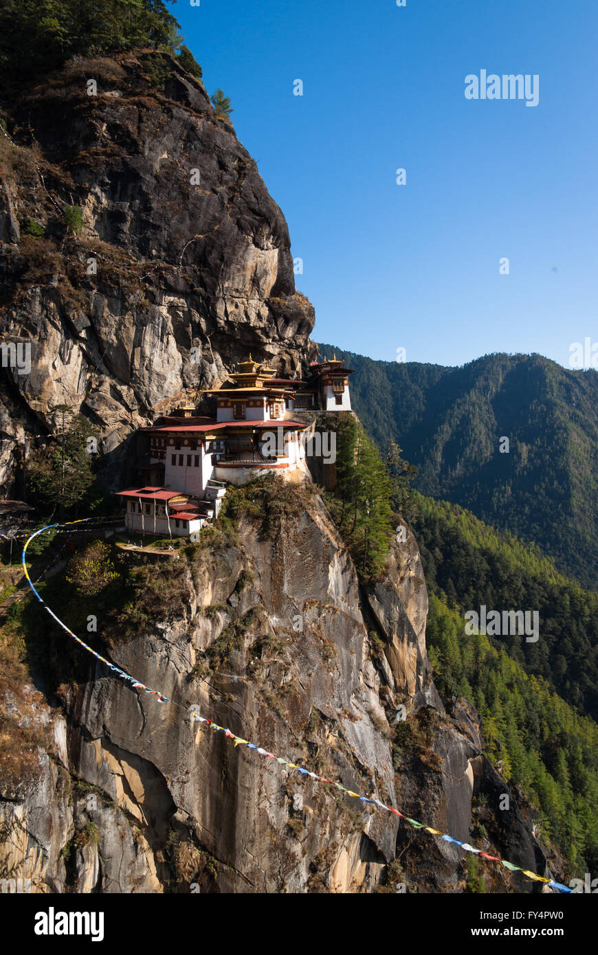 The dramatic Tiger's Nest (Taktshang) Monastery, perched on cliff near Paro, Bhutan Stock Photo