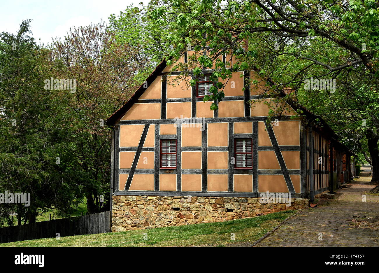 Old Salem, North Carolina:  Fachwerk stucco and half-timber 18th century Moravian houses on Main Street Stock Photo