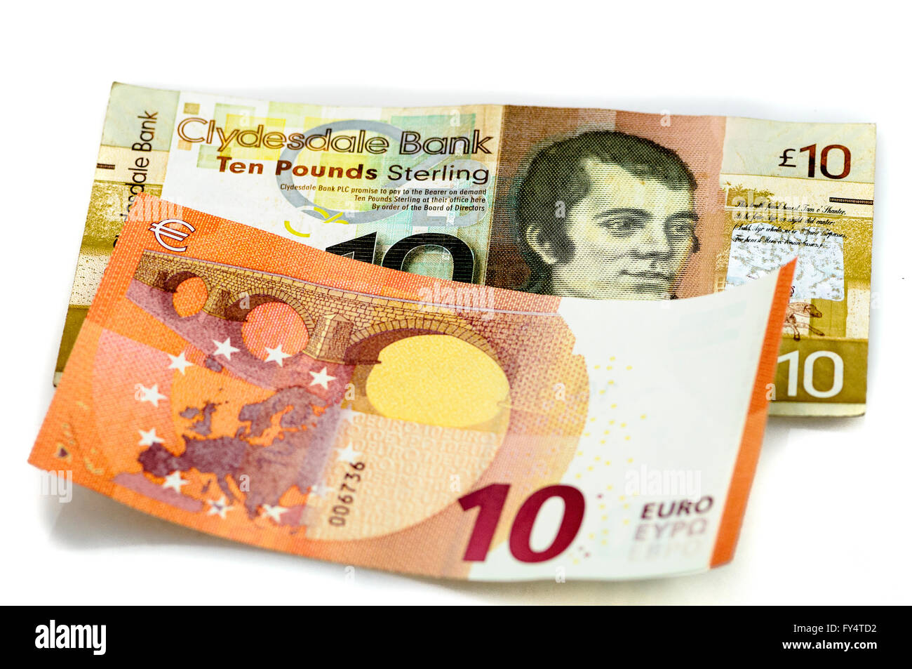Clydesdale Bank £10 note from Scotland with  €10 Euro. Stock Photo