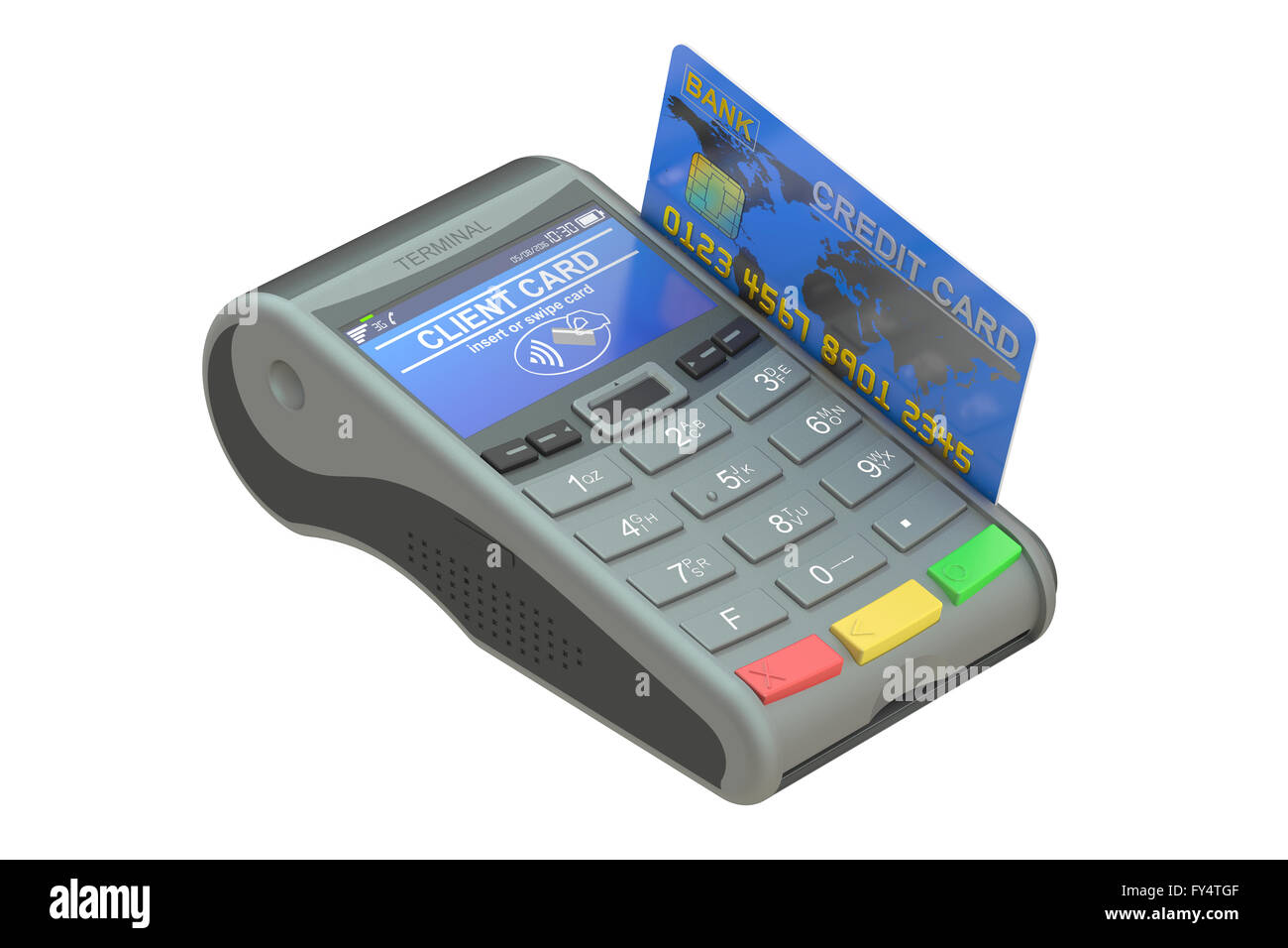 POS-terminal with credit card, 3D rendering Stock Photo