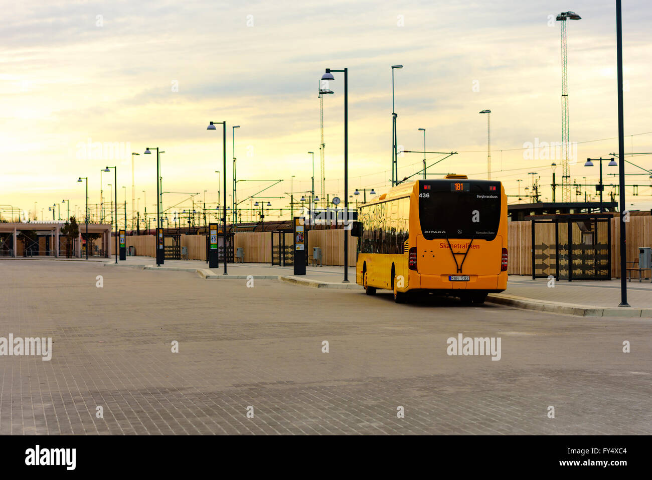 Trelleborg, Sweden - April 12, 2016: Morning light at the bus terminal. Only one bus is in and there are no people getting on or Stock Photo