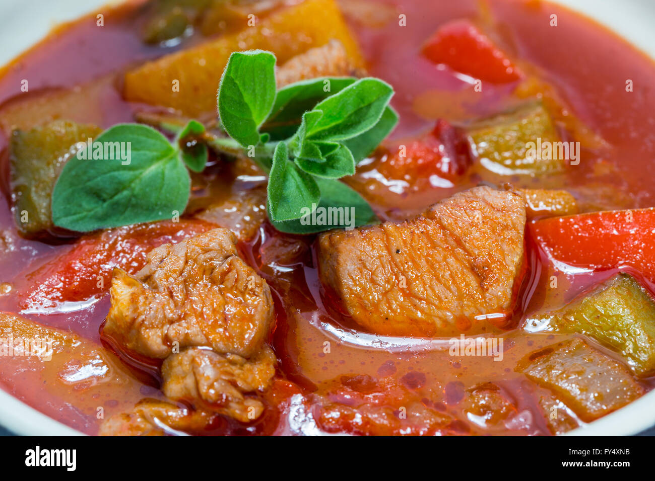 Goulash in a cocotte with marjoram macro. Stock Photo