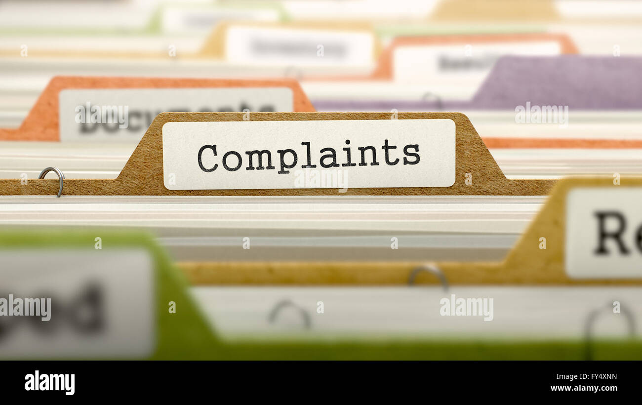 Complaints Concept on File Label. Stock Photo