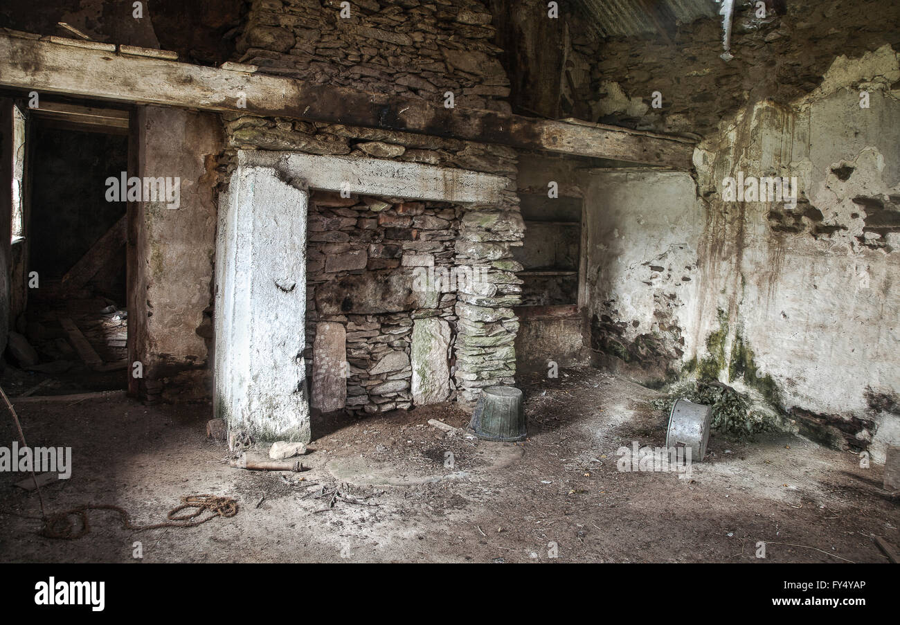 Ruins of an old kitchen in a derelict house Co. Kerry Ireland Stock Photo