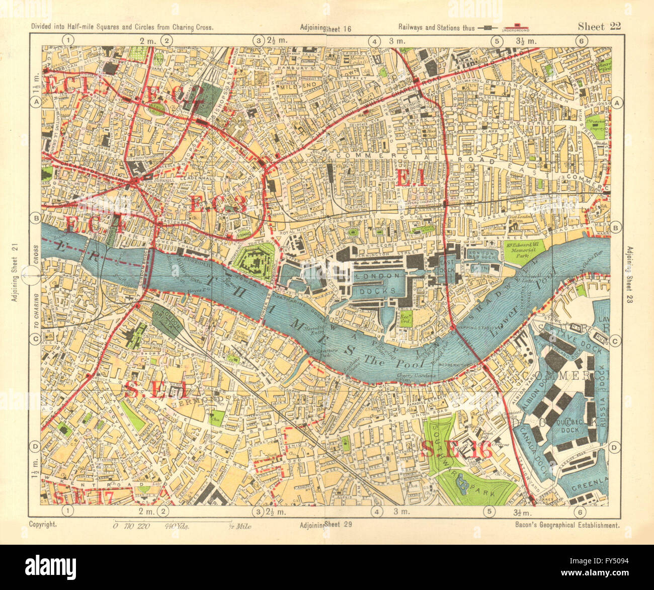 LONDON. City East End Bermondsey Stepney Rotherhithe Whitechapel.BACON, 1928 map Stock Photo