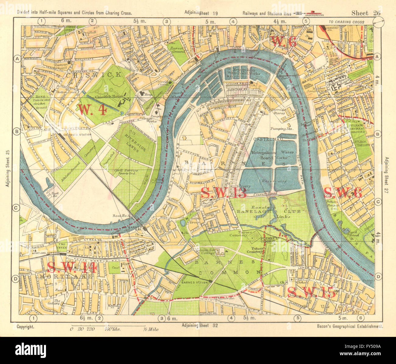 SW LONDON. Chiswick Barnes Castlenau Fulham Hammersmith Mortlake.BACON, 1928 map Stock Photo