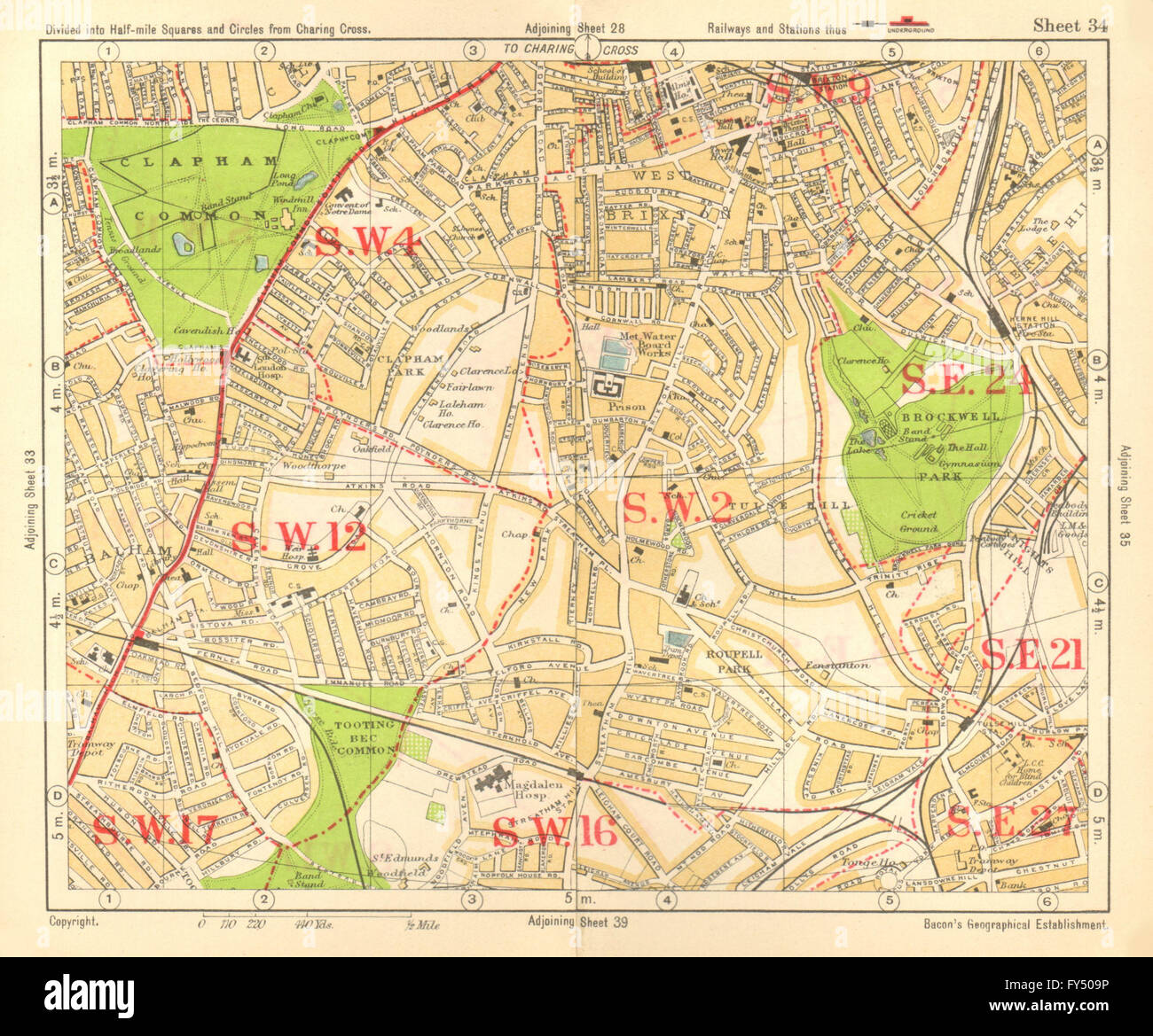 S LONDON. Brixton Clapham Balham Herne Hill Streatham Tusle Hill.BACON, 1928 map Stock Photo