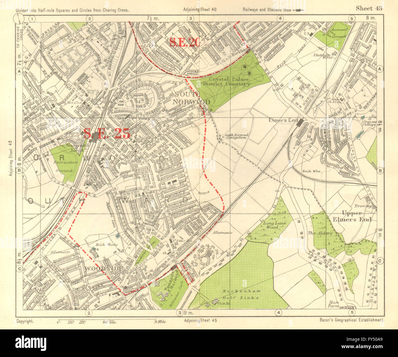 SOUTH EAST LONDON. South Norwood Woodside Elmer's End Anerley. BACON, 1928 map Stock Photo