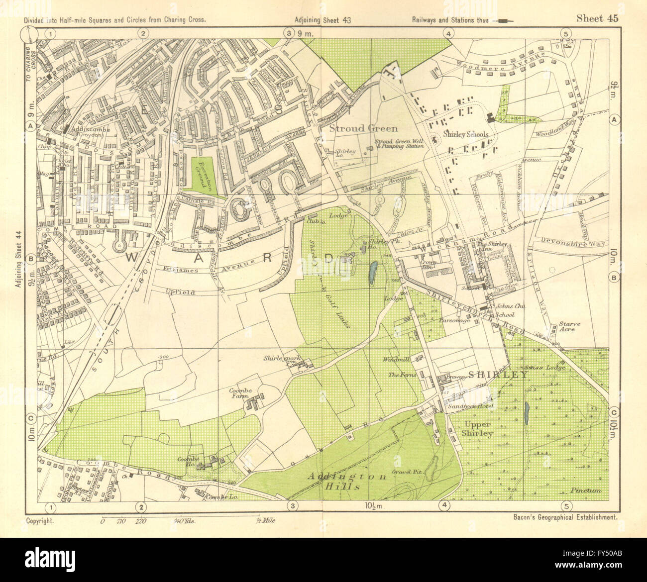 Map Of Shirley Croydon South East London. Shirley Addiscombe E Croydon Stroud Green. Bacon, 1928  Map Stock Photo - Alamy