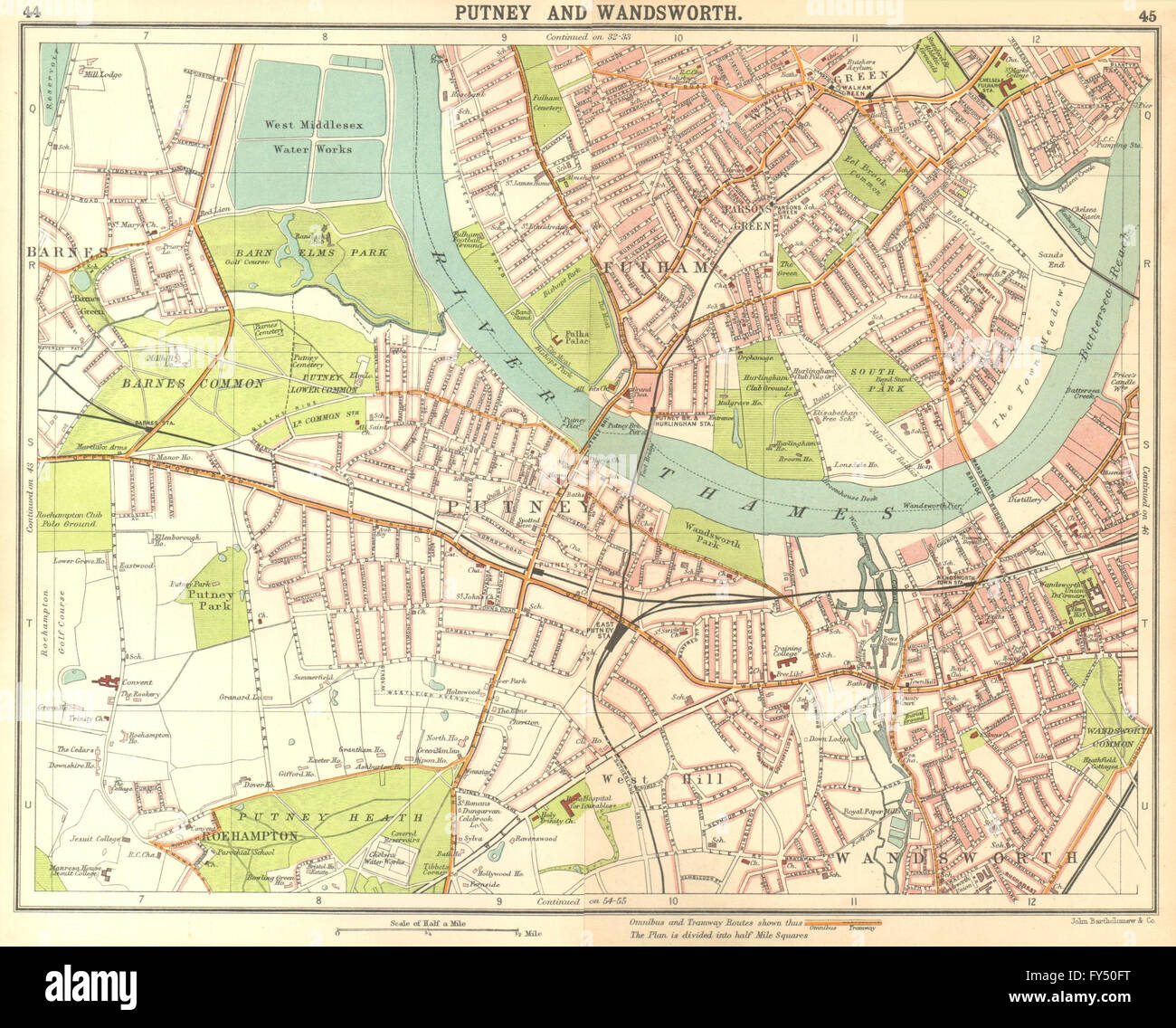 LONDON SW: Putney Wandsworth Fulham Barnes Parson's Green Roehampton, 1917 map Stock Photo