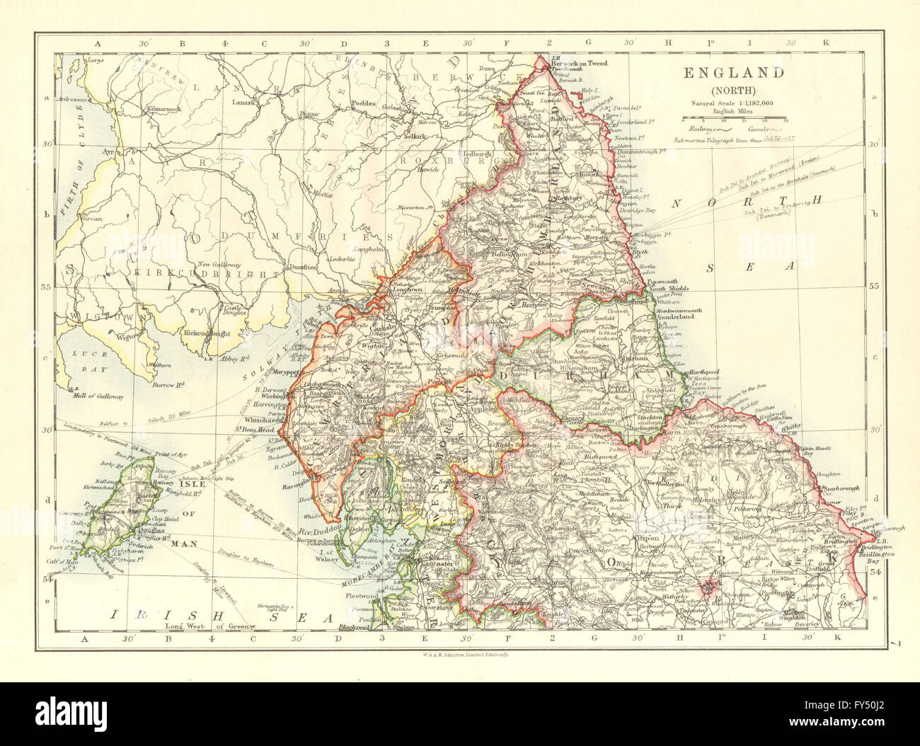NORTHERN ENGLAND. Northumbs Durham Cumbs Westm N Yorks IOM. JOHNSTON, 1906 map Stock Photo