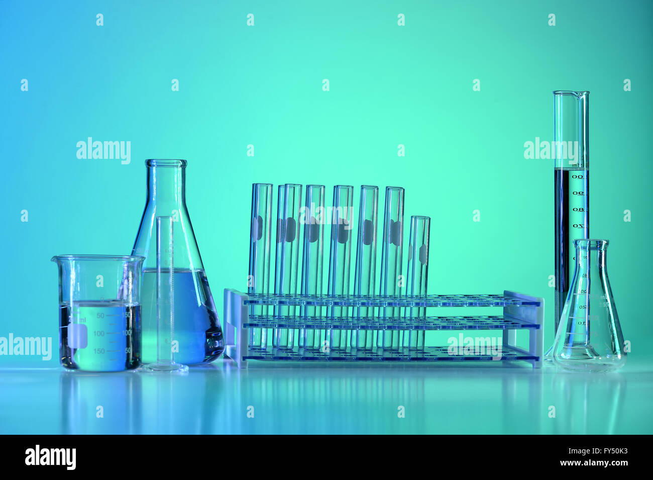 Chemistry set with test tubes, beakers and measuring cups in a labratory Stock Photo Alamy