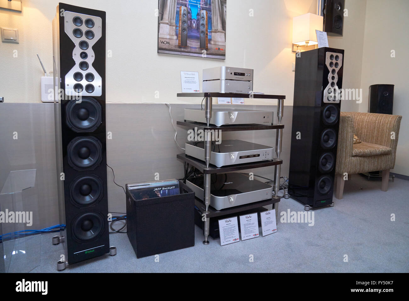 Moscow Hi Fi and High End Show, Moscow, Russia - April 15, 2016: High End audio system components in the show room Stock Photo
