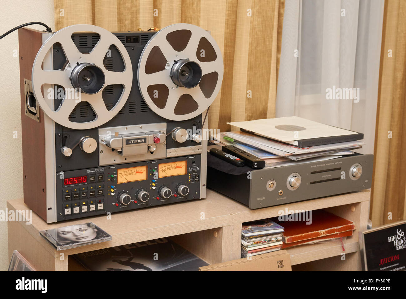 Moscow Hi Fi and High End Show, Moscow, Russia - April 15, 2016: Tape recorder on the table of the show room Stock Photo