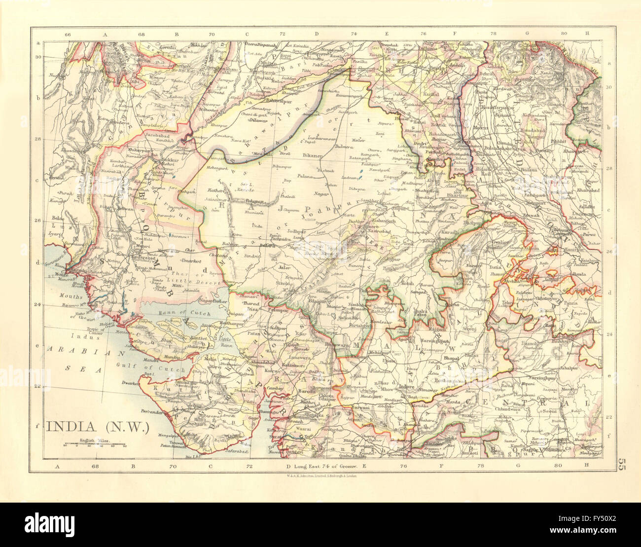 Map Of Gujarat And Rajasthan British India Nw. Rajputana (Rajasthan) Sindh Gujarat Malwa. Johnston, 1906  Map Stock Photo - Alamy