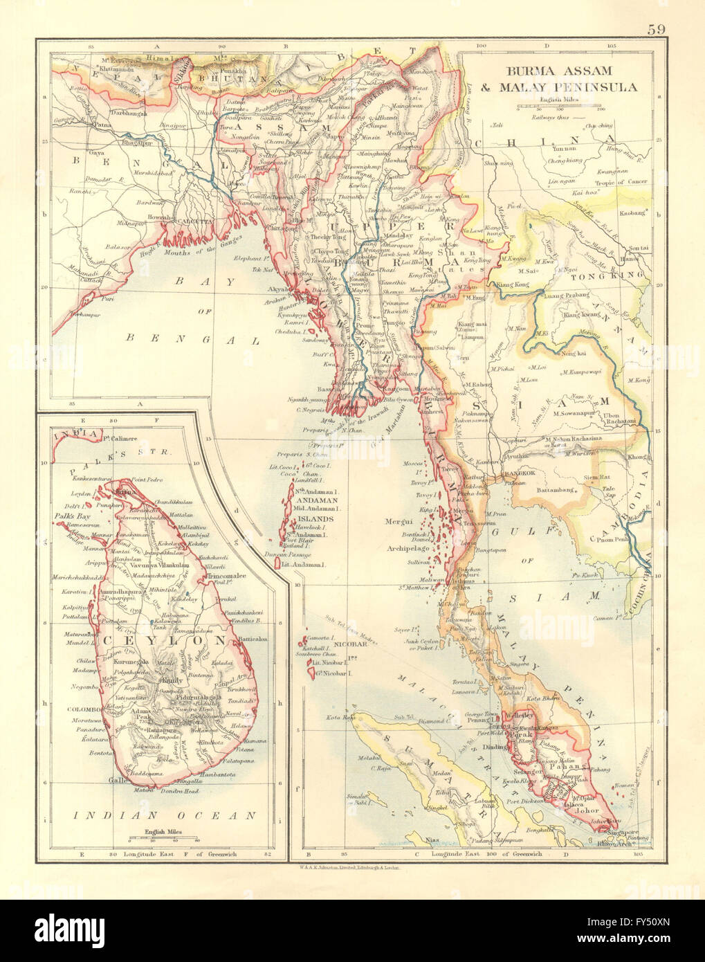 BURMA CEYLON SIAM MALAY PENINSULA. Assam Singapore Thailand, 1906 antique map Stock Photo