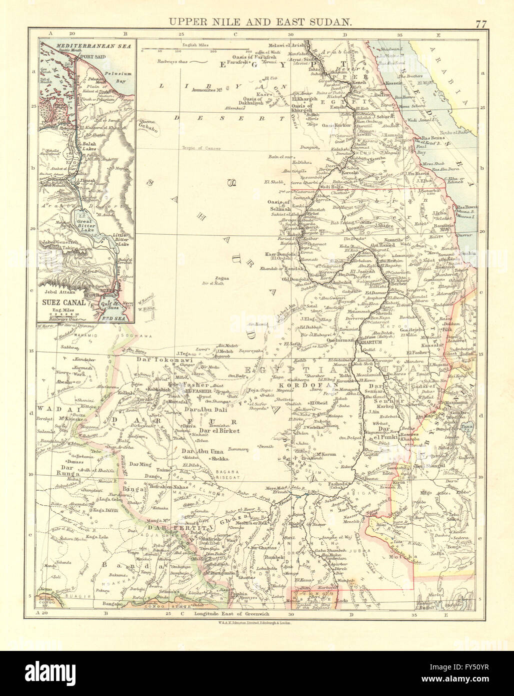 UPPER NILE, EAST SUDAN & SUEZ CANAL. Khartoum.White/Blue Nile. JOHNSTON 1906 map Stock Photo