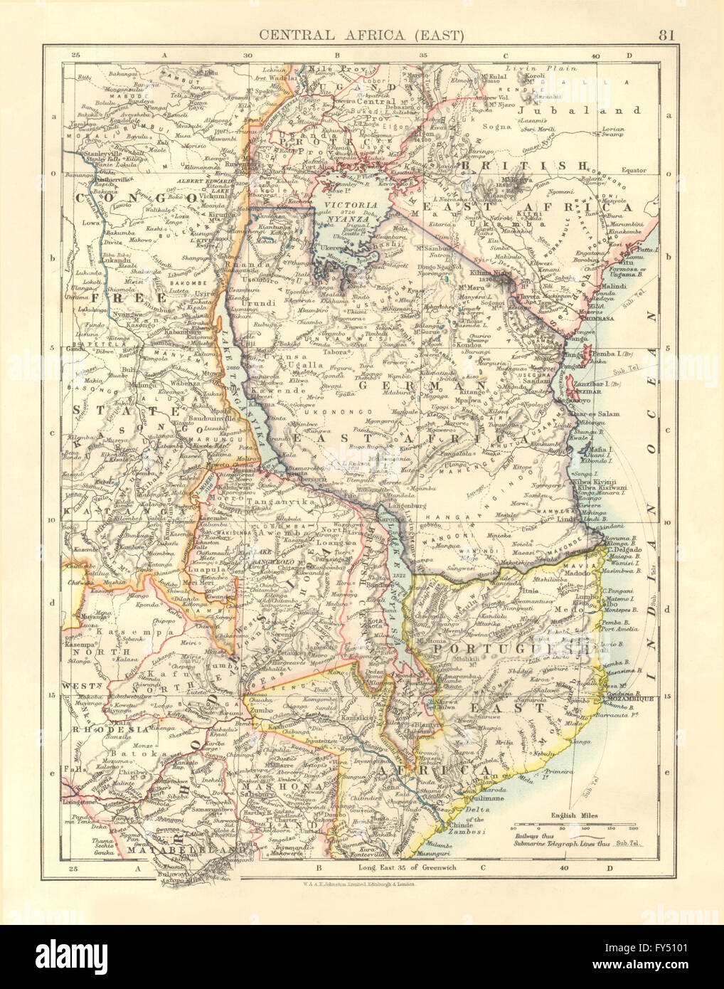 COLONIAL EAST AFRICA. German/British/Portuguese East Africa. Tanzania, 1906 map Stock Photo - Alamy